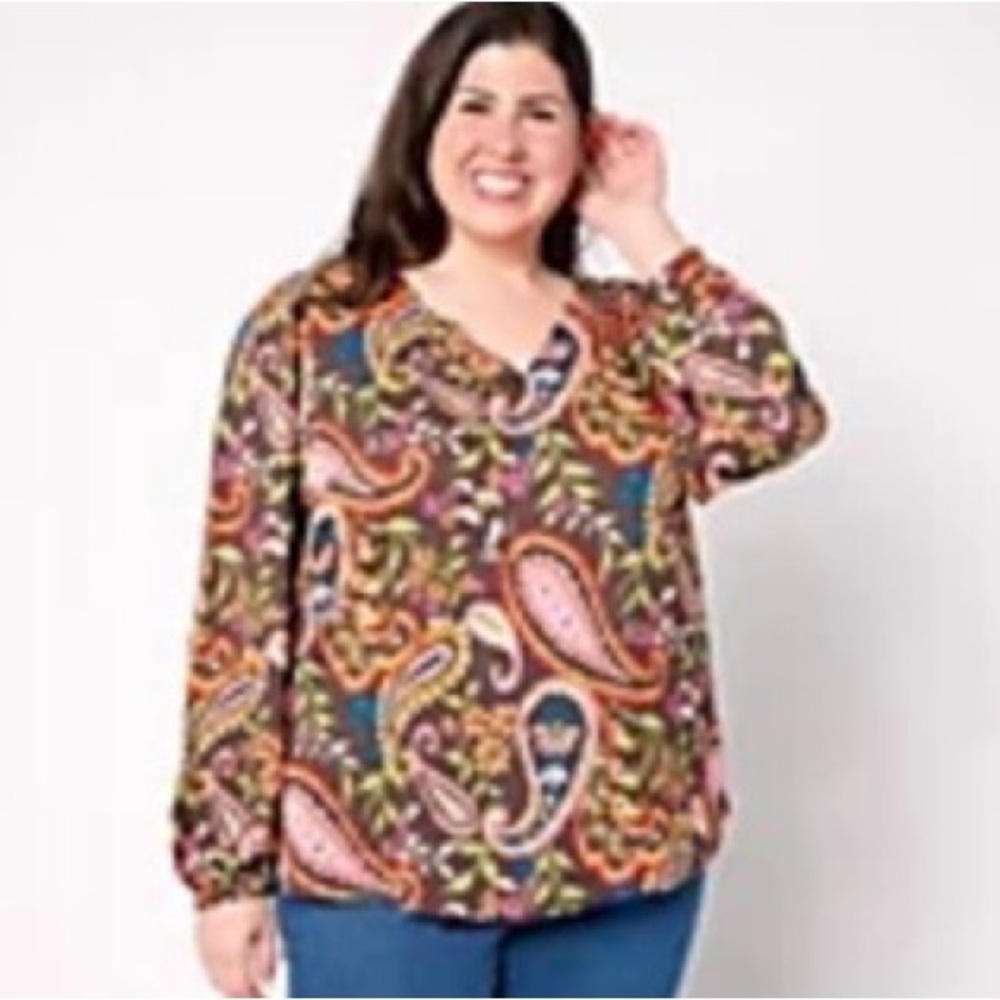 Belle by Kim Gravel Paisley V-Neck Tunic in Brown & Pink